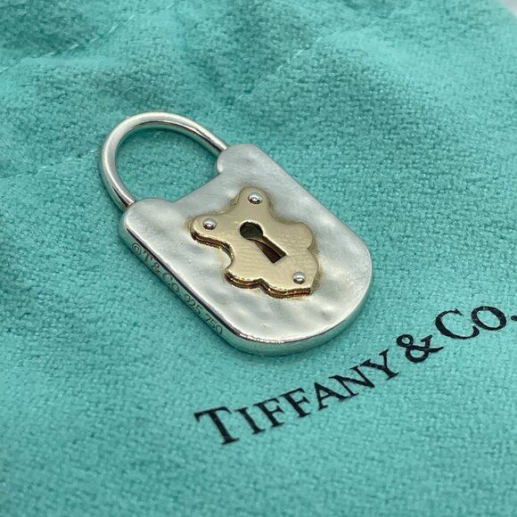 Tiffany & Co Silver & 18K Rose Gold Mini Hammered Oval Lock Key Charm Pendant - Picture 2 of 12